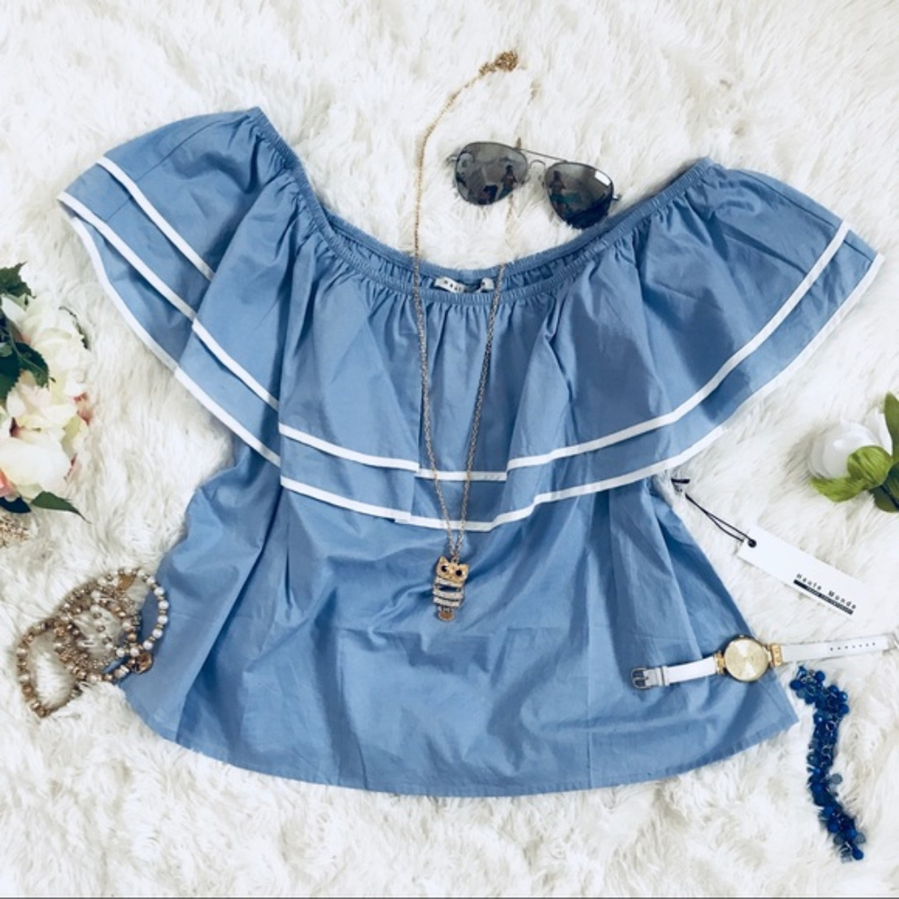 Haute Monde Women blue ruffle off shoulder top